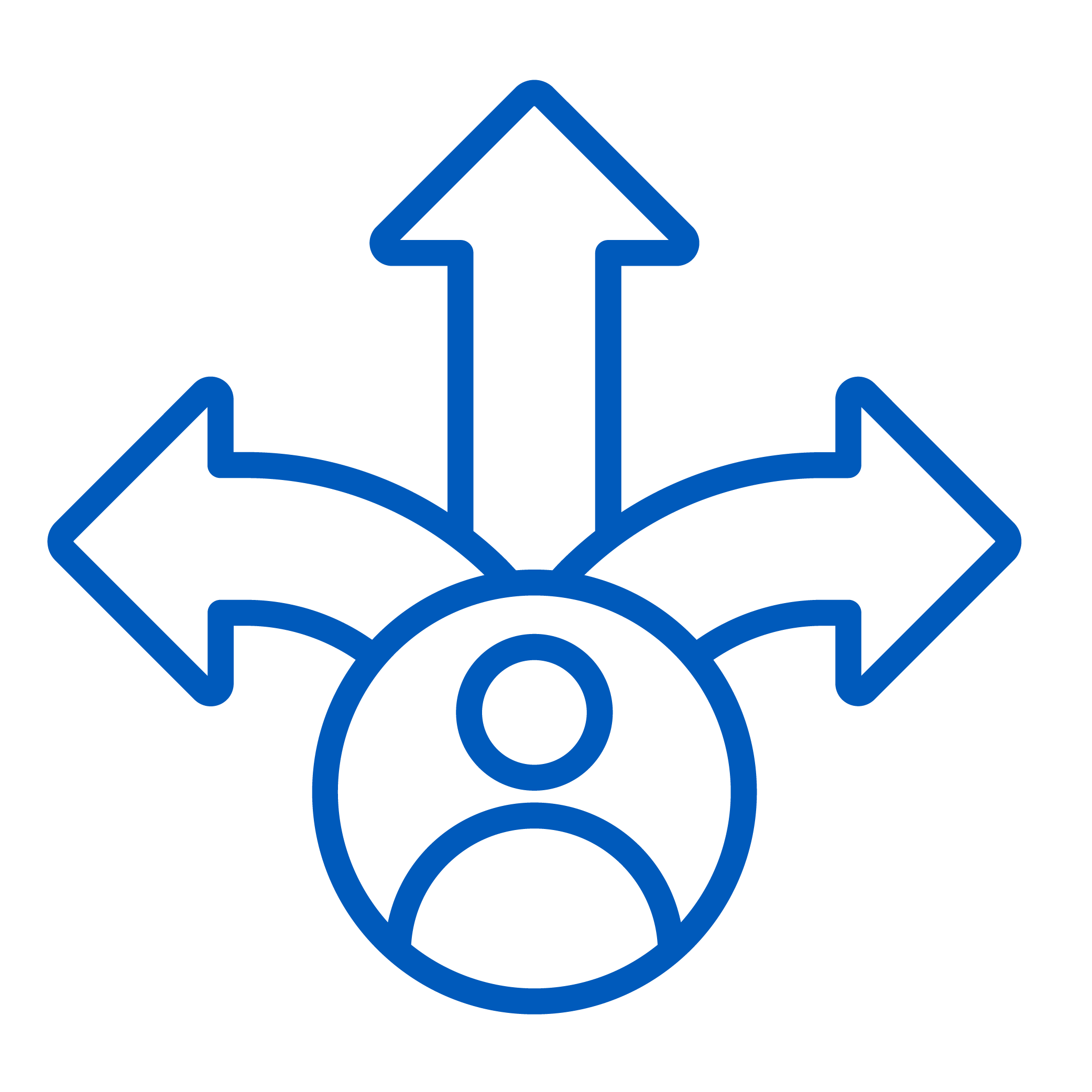 Blue outline of a person with three large arrows pointing left, up, and right above them, illustrating choice or decision-making.