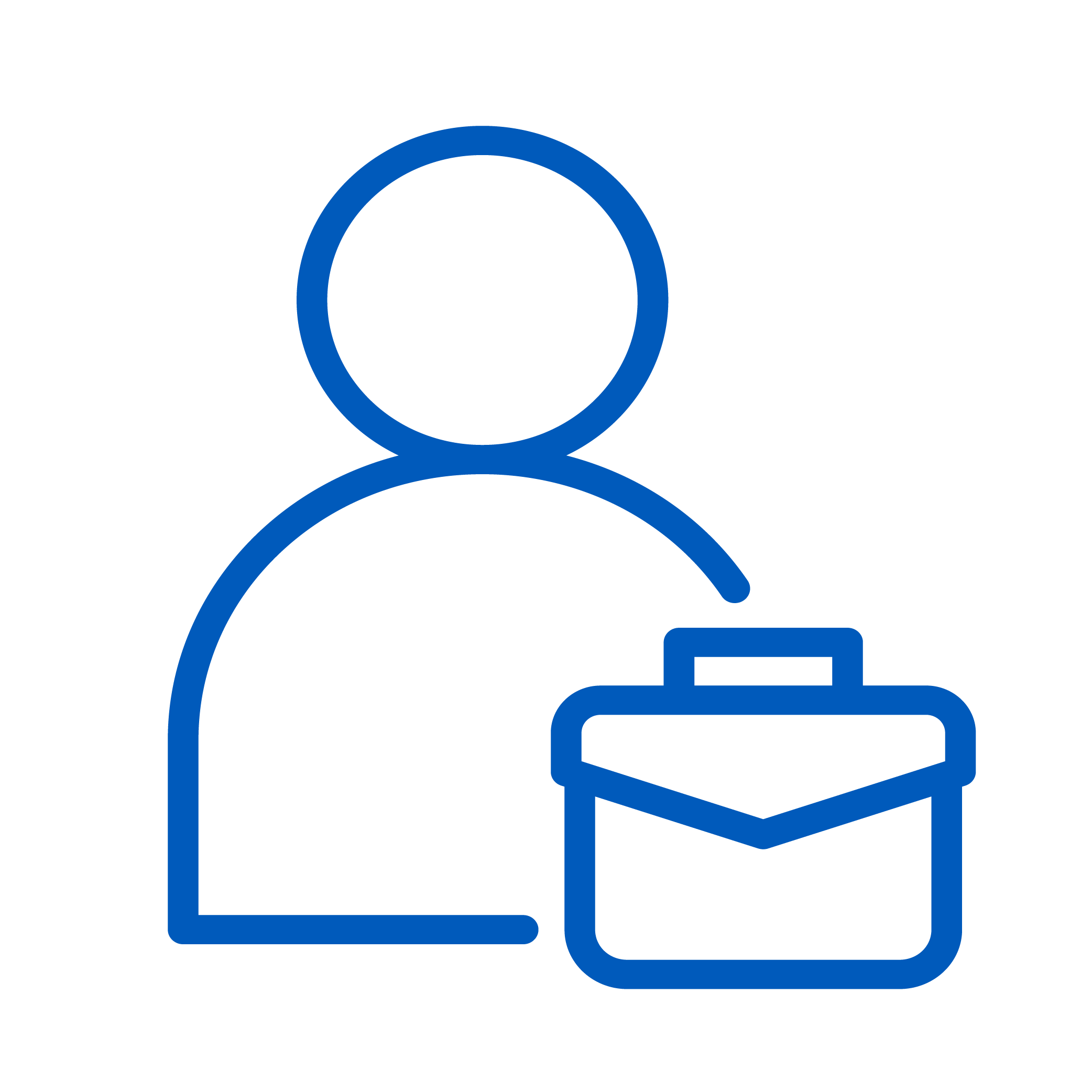 Blue outline icon of a person with a briefcase, symbolizing a professional or businessperson, on a plain white background.