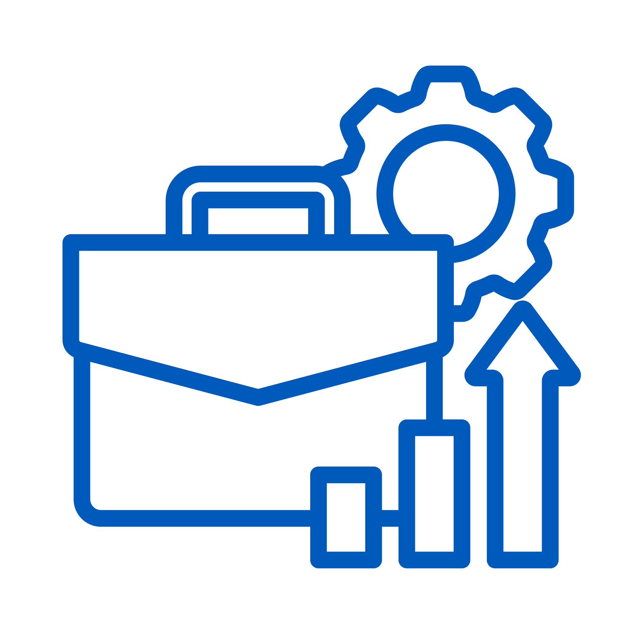 Blue line art icon showing a briefcase, bar chart, upward arrow, and gear, representing business growth, career development, progress, and productivity.