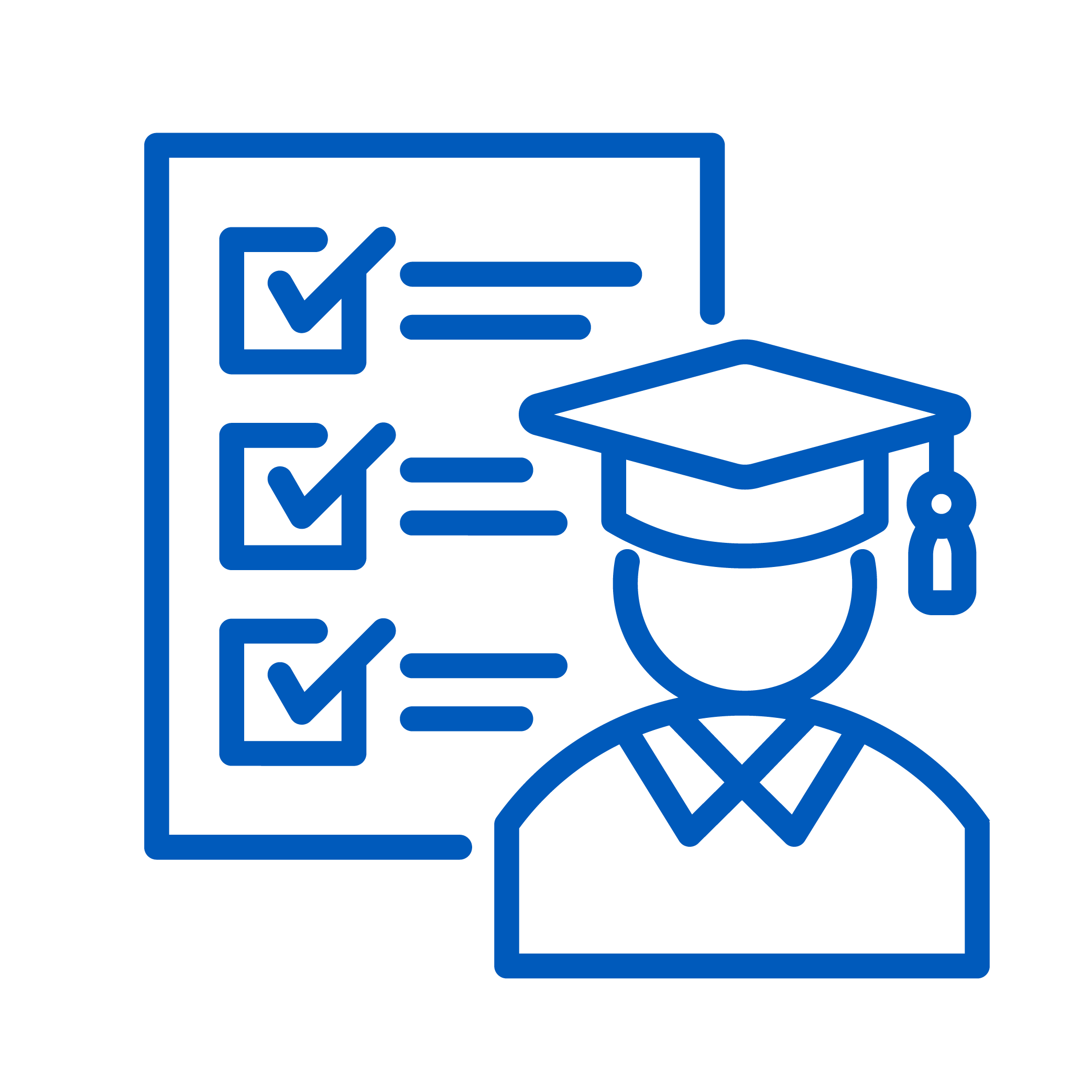 Blue line drawing of a person wearing a graduation cap in front of a checklist with four items, each marked with a check, symbolizing completed academic tasks or achievements.