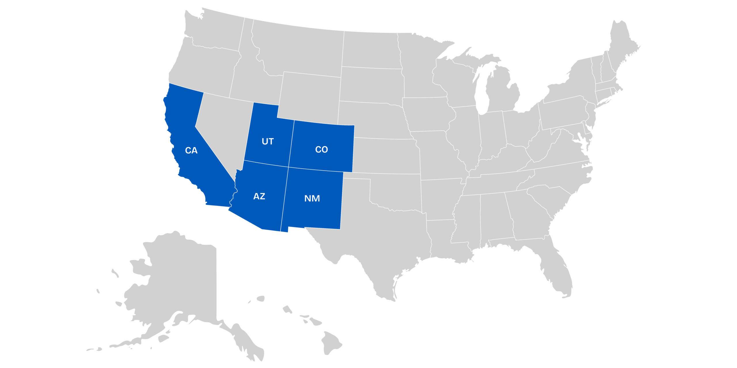A map of the United States with California, Arizona, Utah, Colorado, and New Mexico highlighted in blue; the rest of the states are gray.