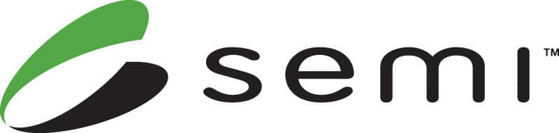 The image shows the SEMI logo with a green and black swoosh symbol to the left of the word “semi” in lowercase black letters.